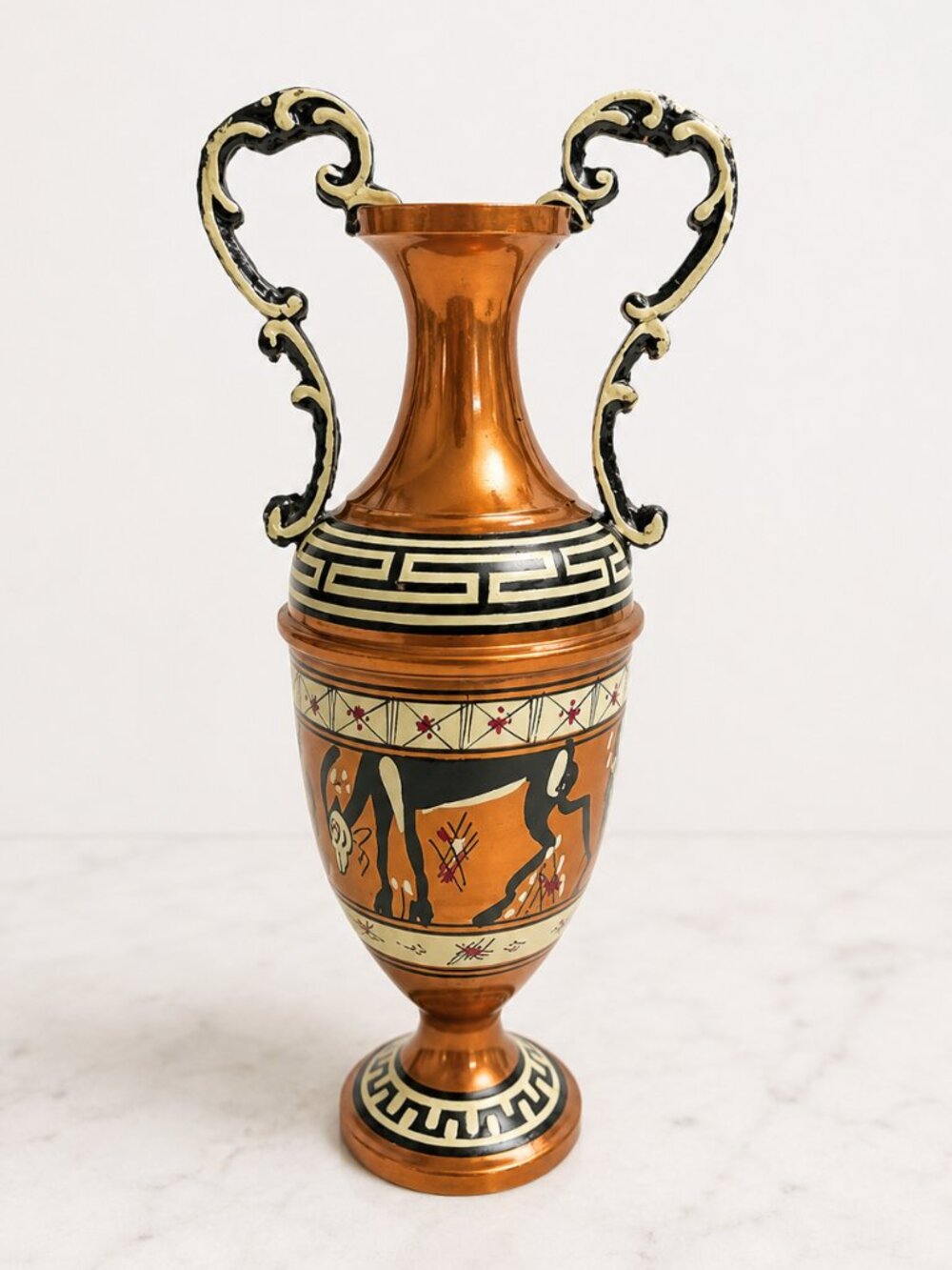 Vintage Greek Egyptian Hand Painted Bud Vase Signed Greece 1980s Copper Vase 6in